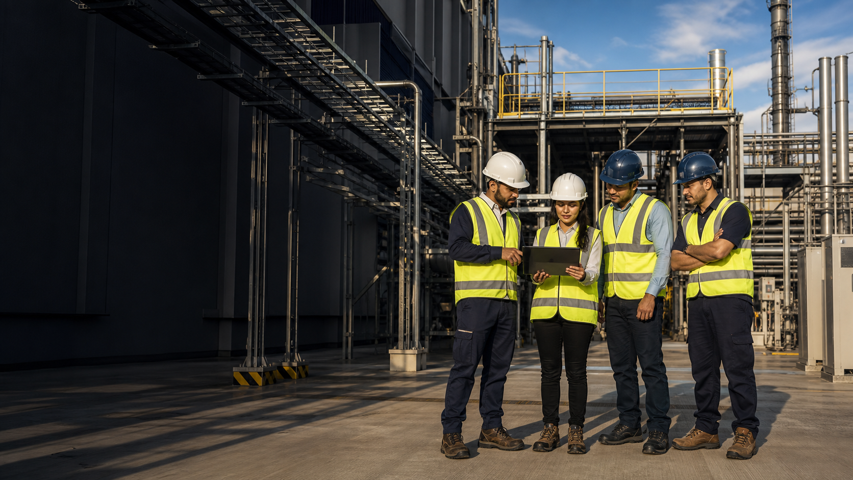 Equipo de ingeniería revisando una obra industrial